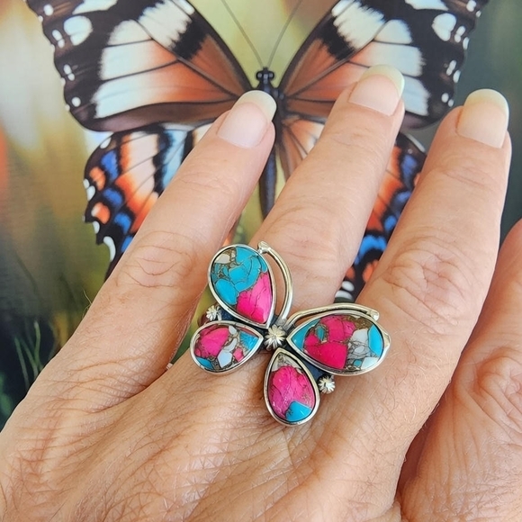 Butterfly Design Sterling Silver Blue Pink Cotton Candy Southwestern Ring Sz 10 - Picture 3 of 8